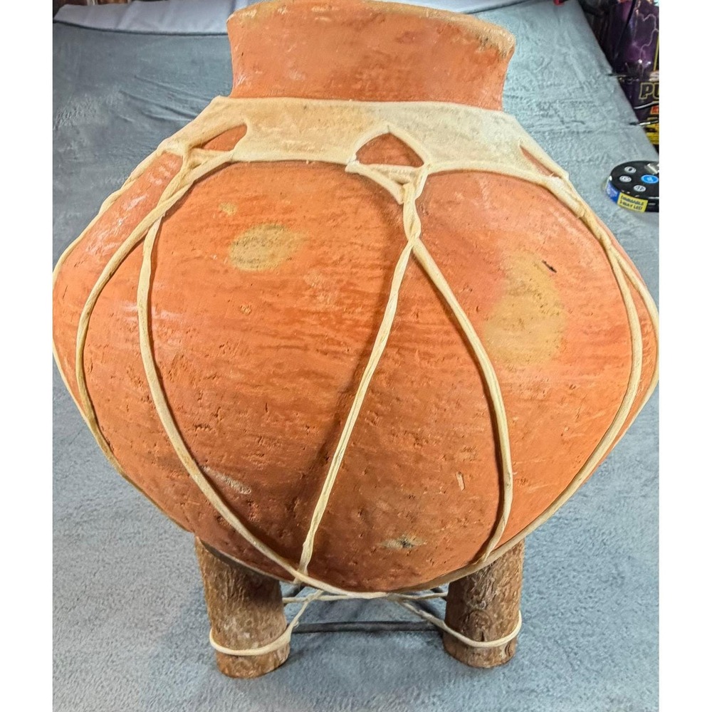 Vintage Mexican Terracotta Tripod Pot Rawhide Wrap Wooden Legs Rustic Folk Art - Picture 10 of 12